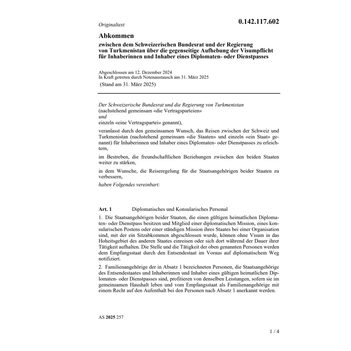 Abk. Turkmenistan Visum Diplomaten
