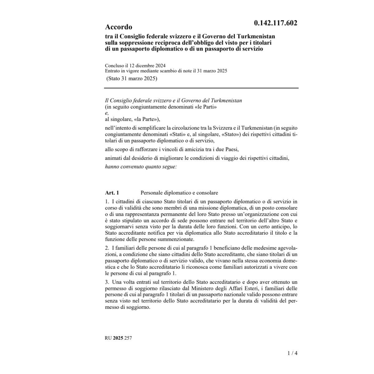 Acc. Turkmenistan visto diplomatico