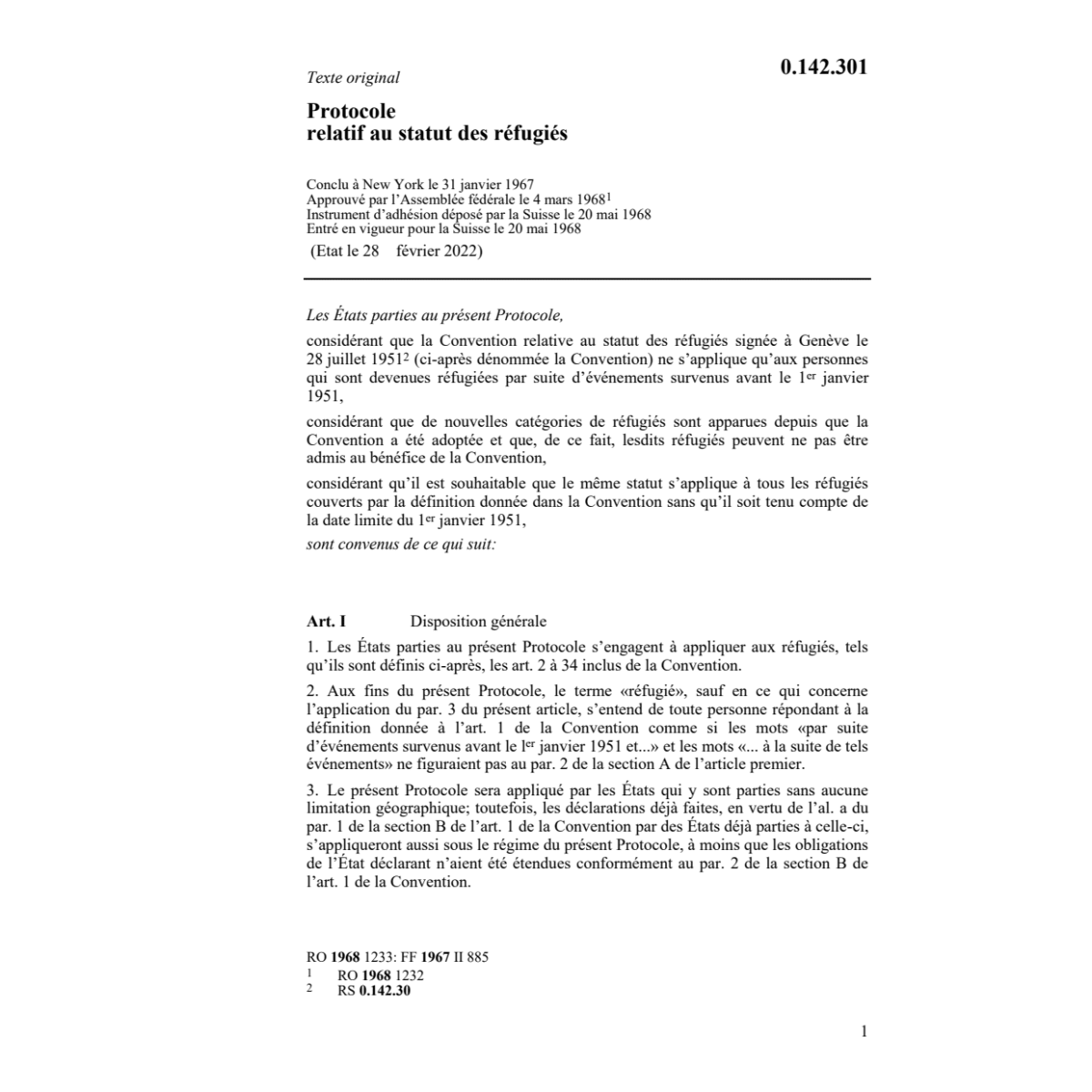 Prot. relatif au statut des réfugiés