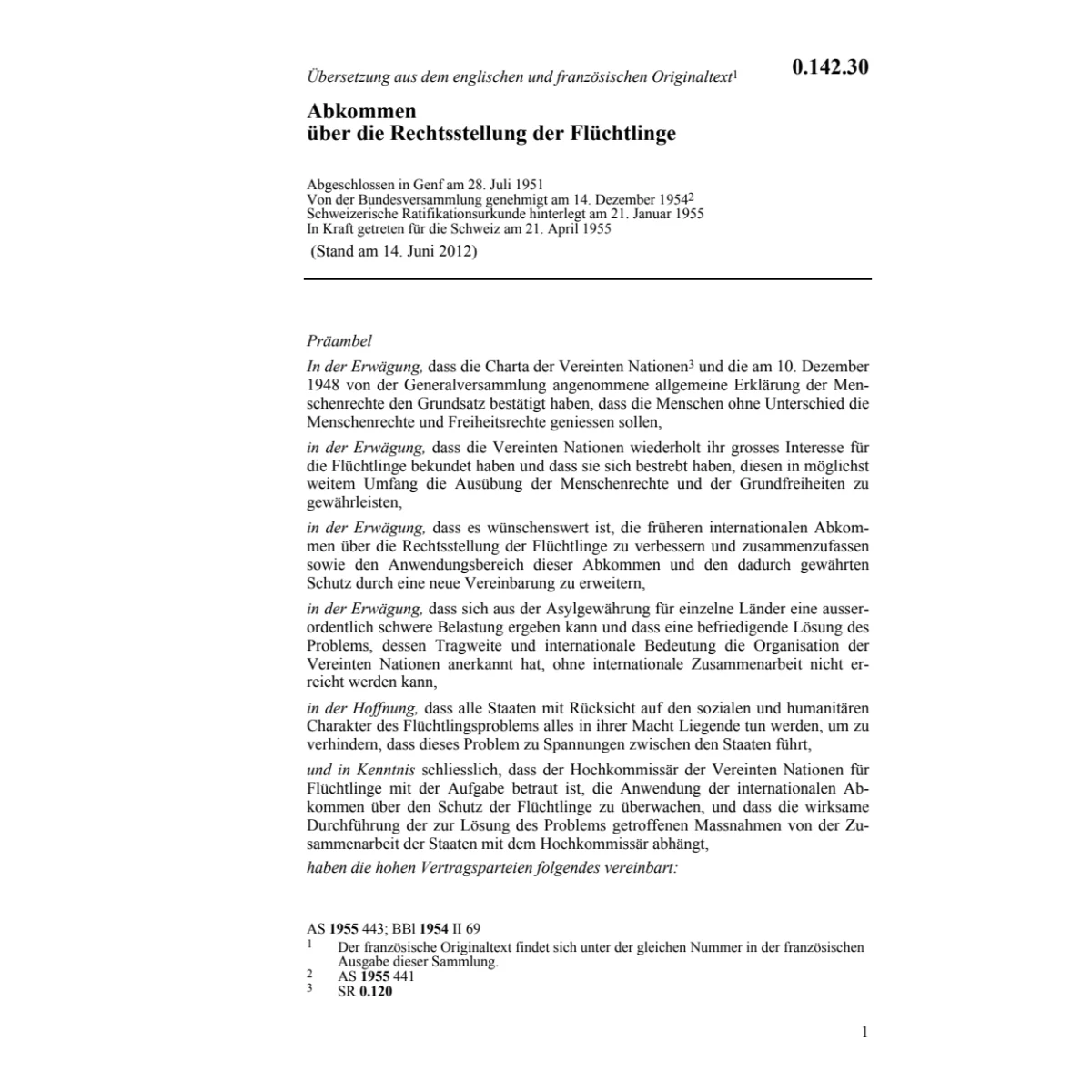 Abk., Rechtsstellung der Flüchtlinge