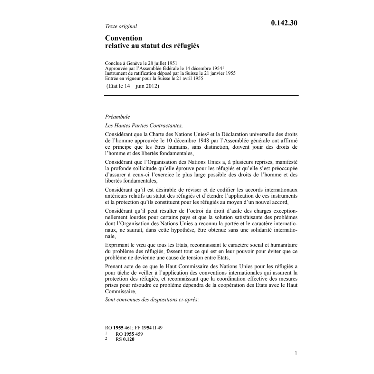 Conv. relativ au statut des réfugiés