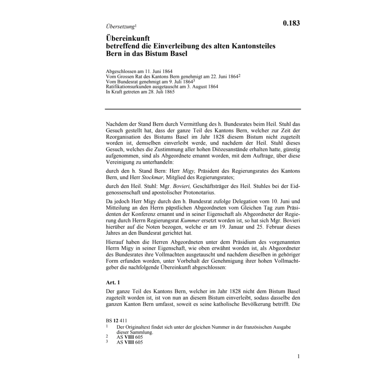 Übereink., Einverleibung in Bistum Basel