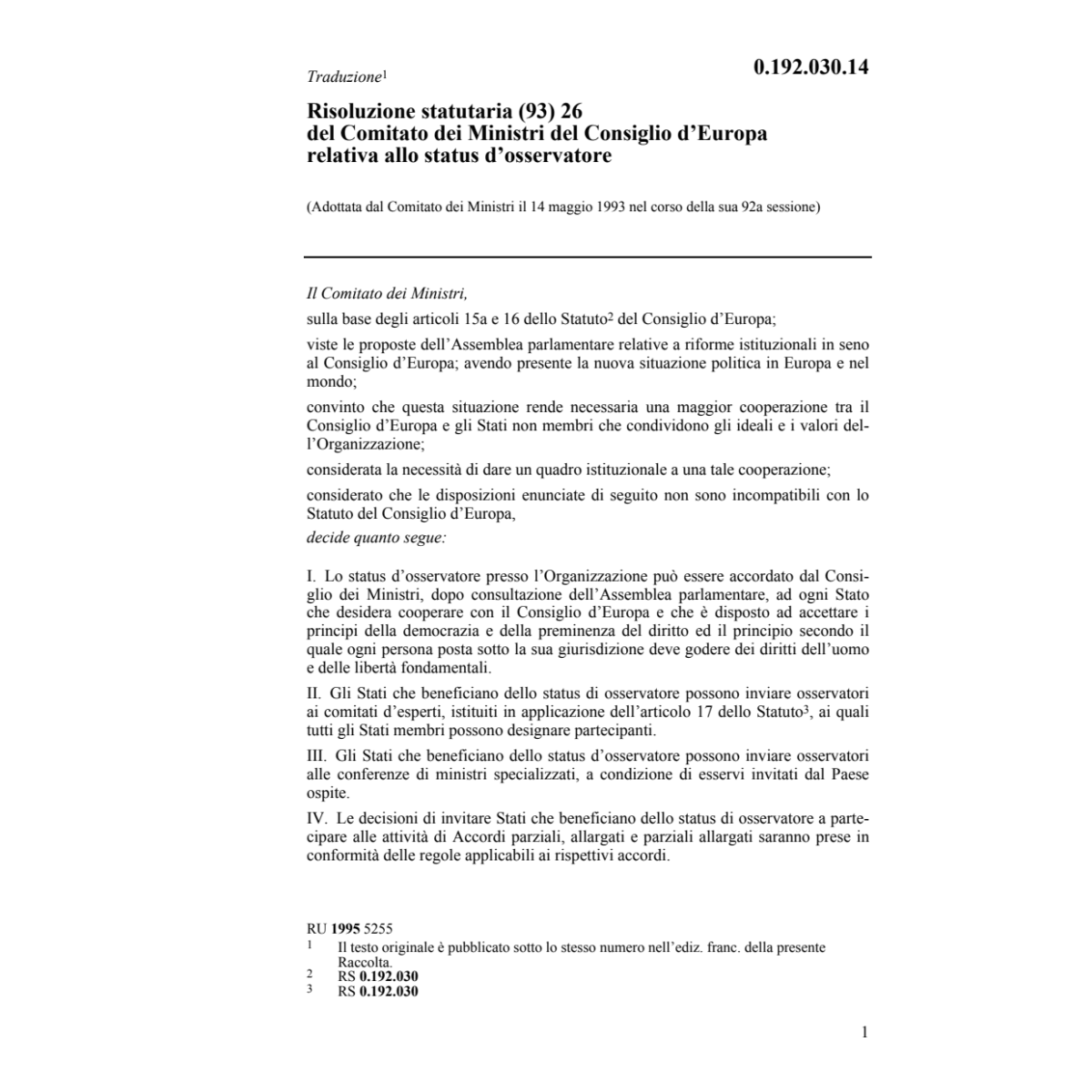 Ris.statut.Comit.Ministri Cons.l'Europa