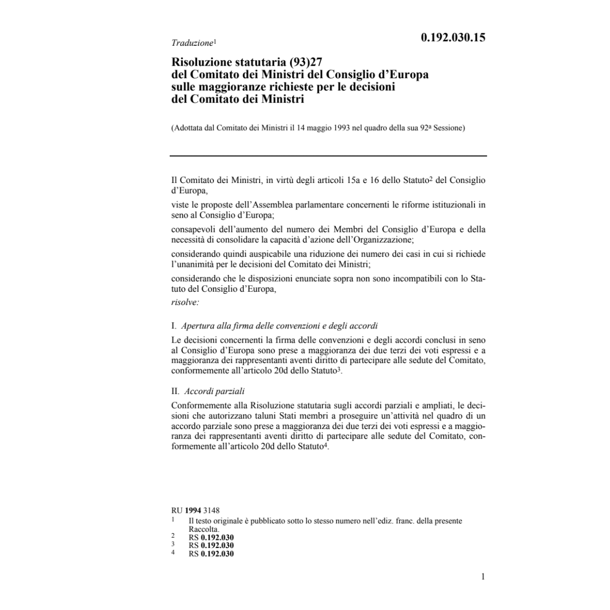 Ris.statut.Comit.Ministr.Consig.l'Europa