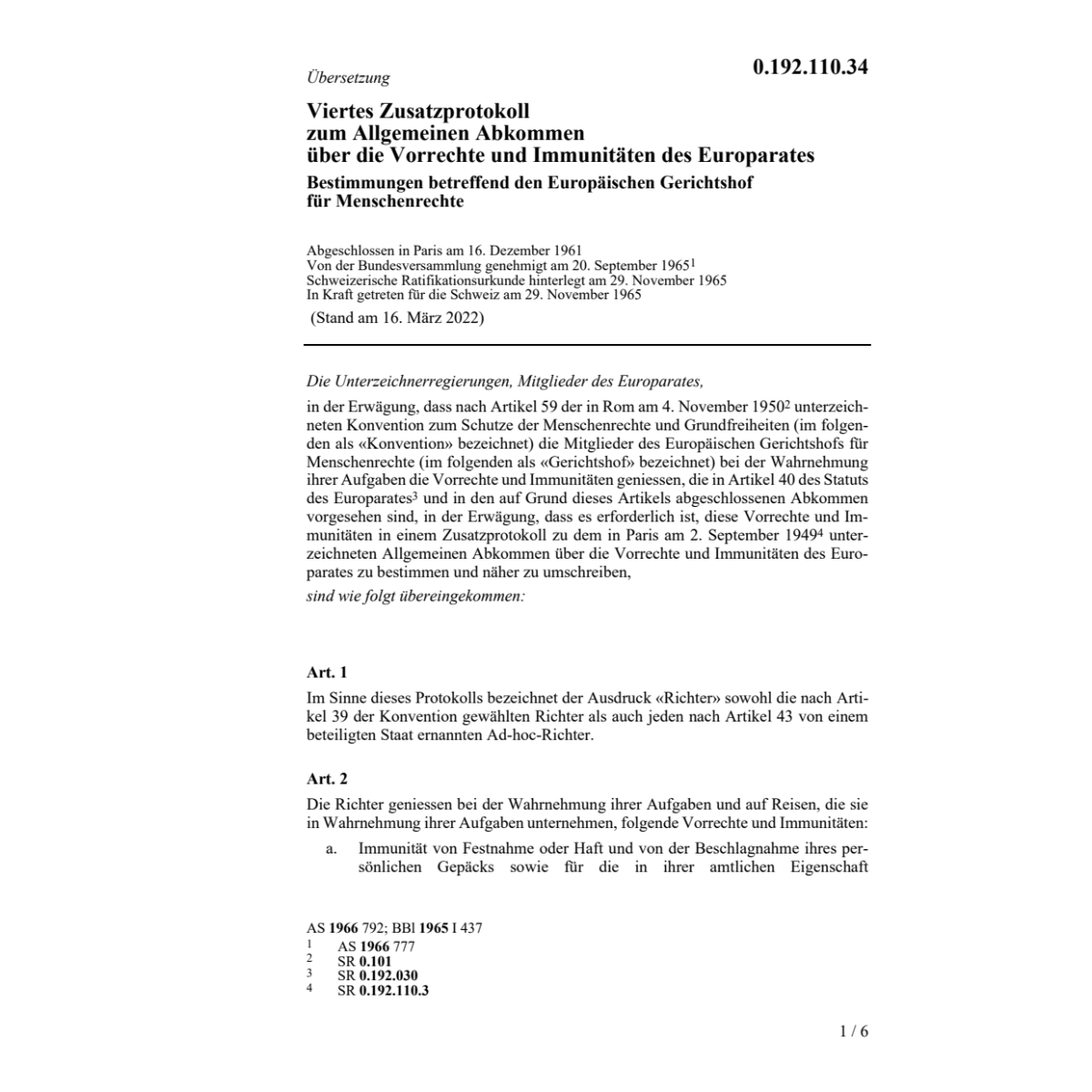 Viertes Prot. Vorrecht.Immun.Europarates