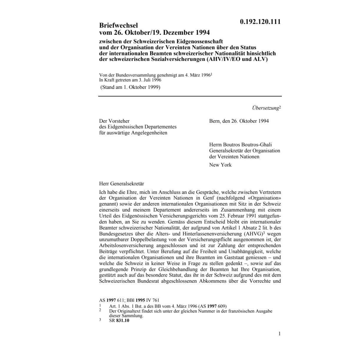 Briefwechsel, internat. Beamte, AHV