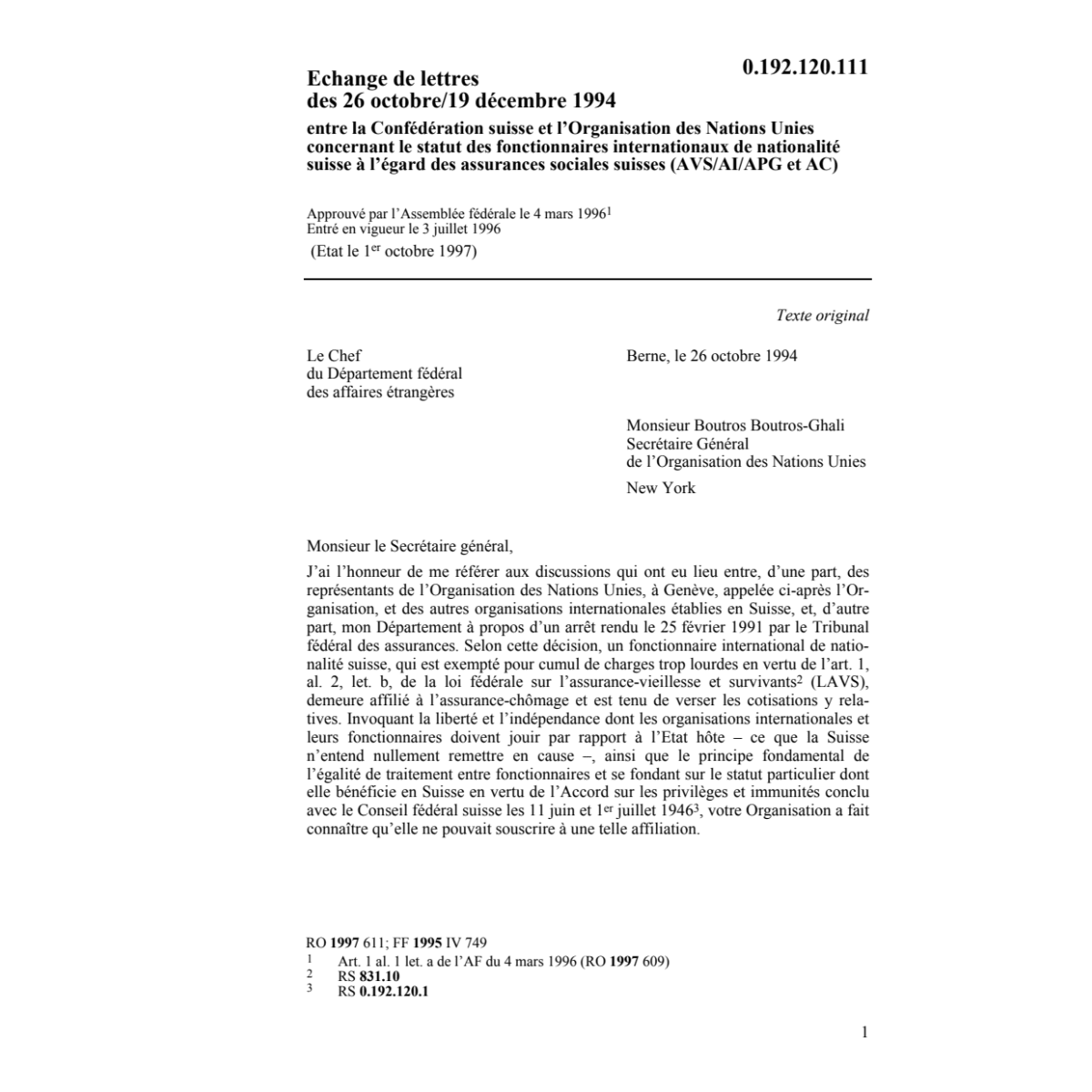 Echange de lettres, fonctionaires, AVS