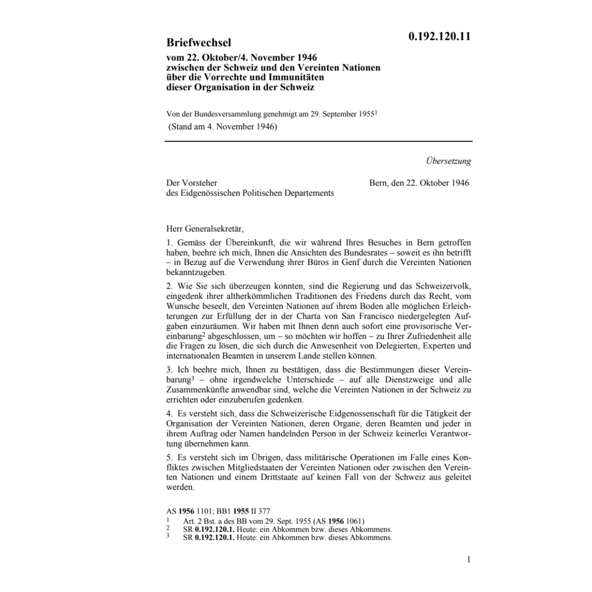 Vorr.zwischen Schweiz und Ver.Nationen.