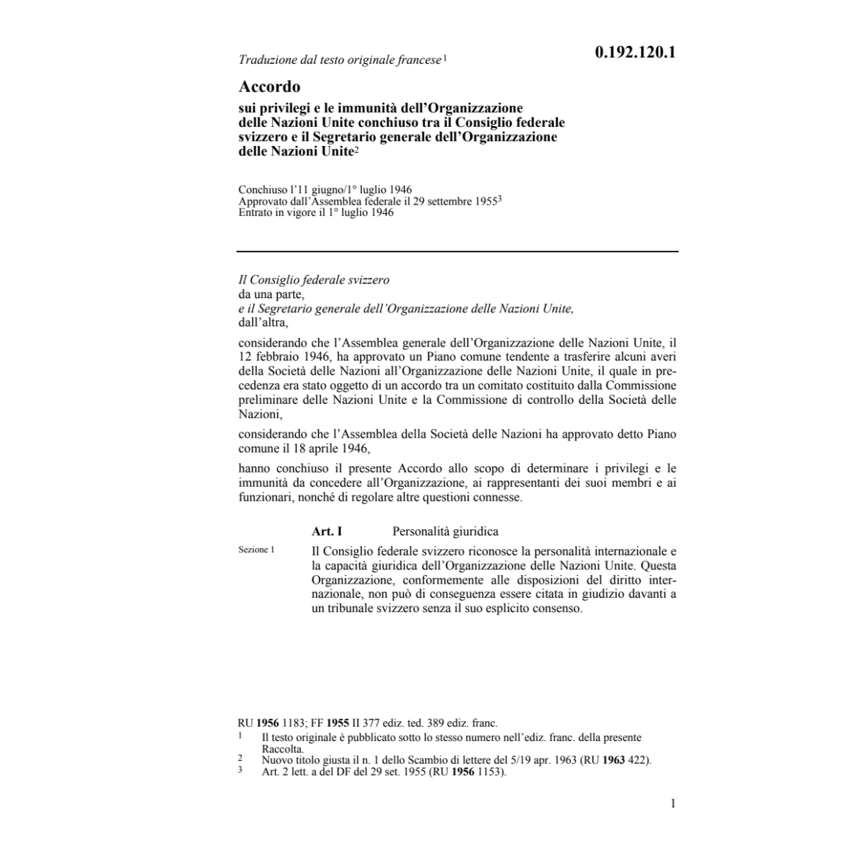 Acc.federale Svizzero del. Nazioni Unite