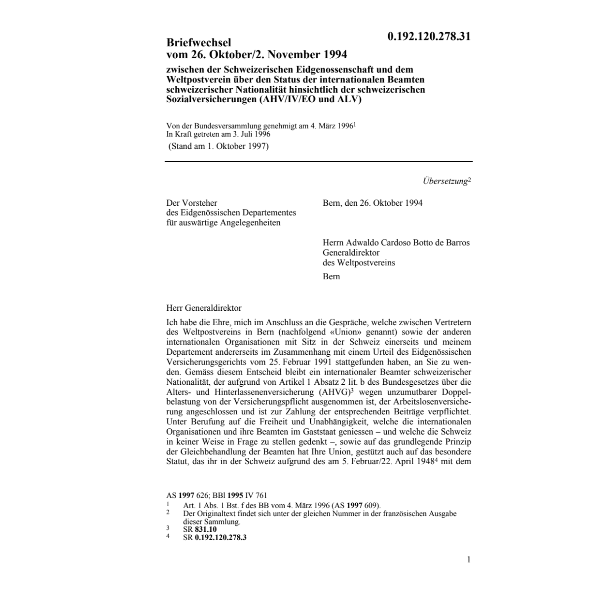 Briefwechsel CH/Weltpostverein Beamten