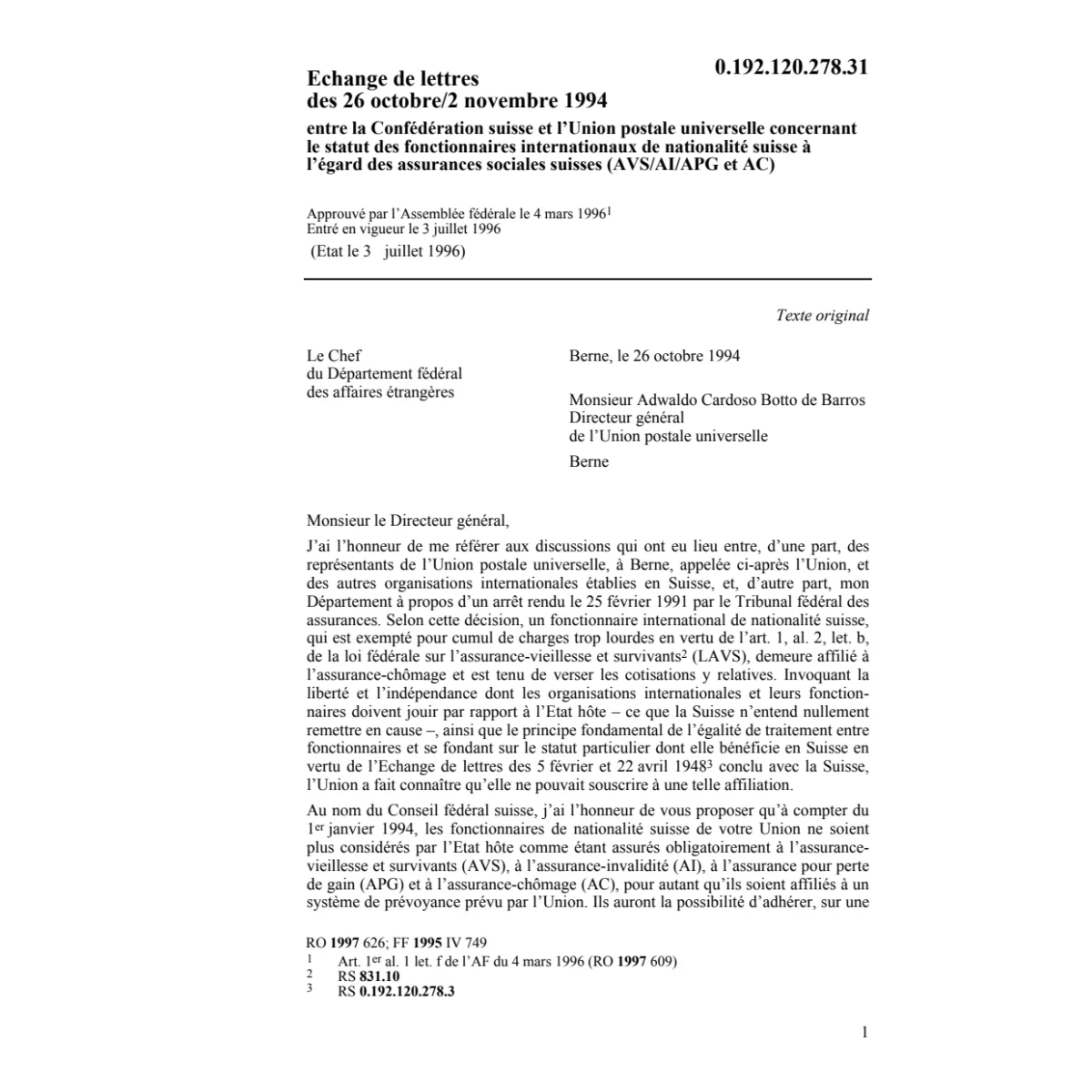 Echange de lettres CH/Union postale univ