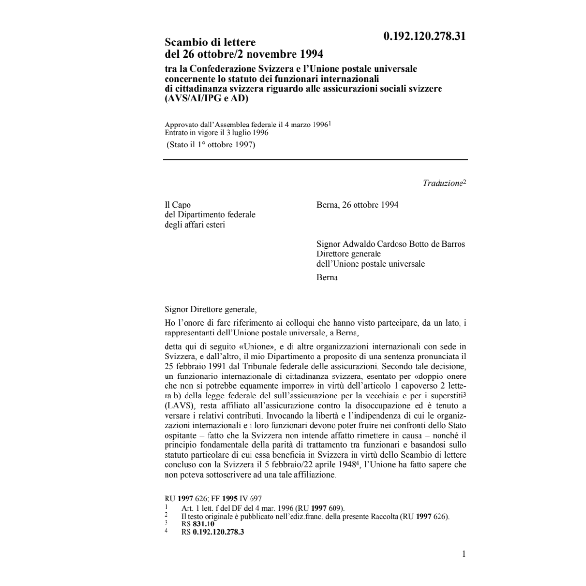 Scambio di lettere, CH/Unione postale