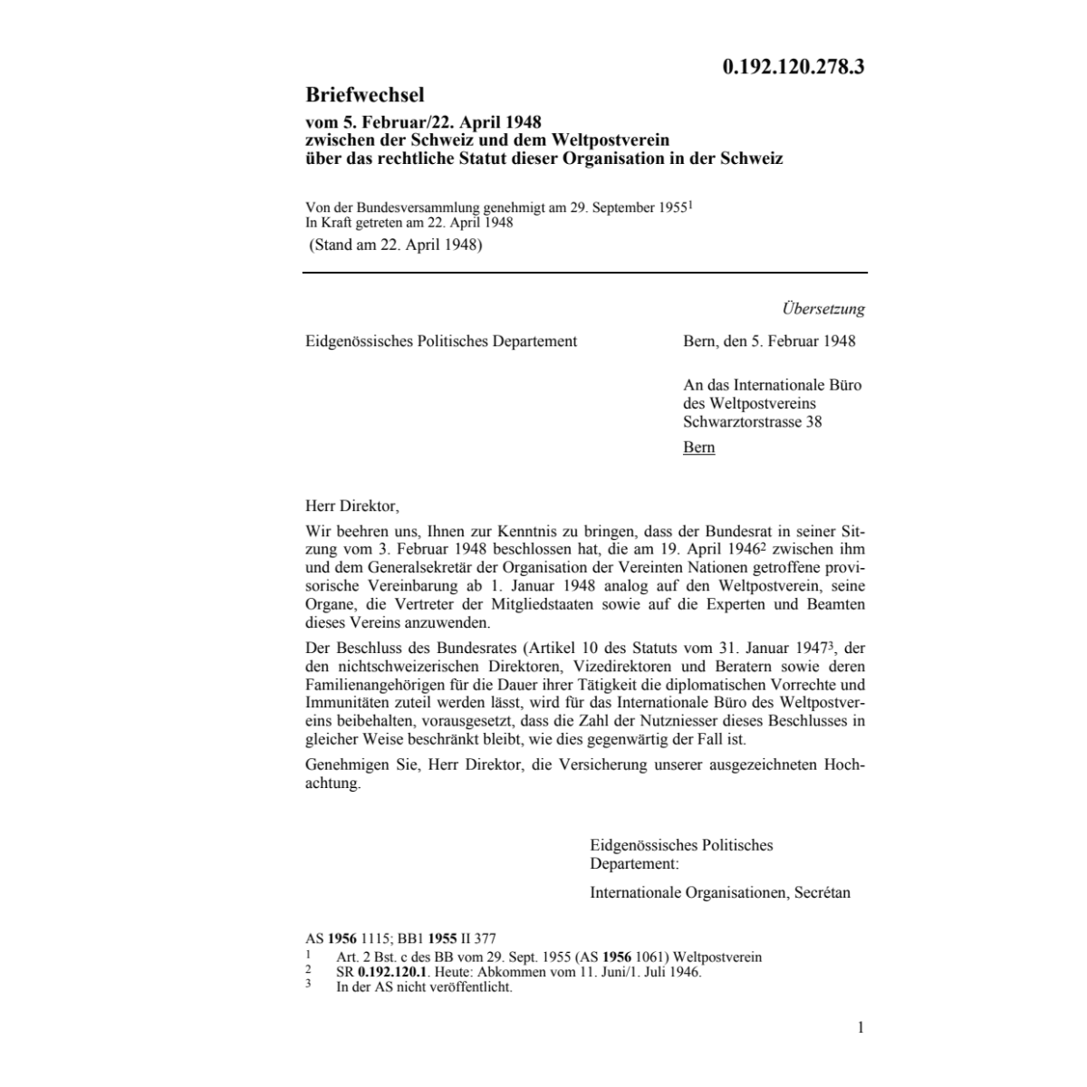 Briefw.zwischen Schweiz + Weltpostverein