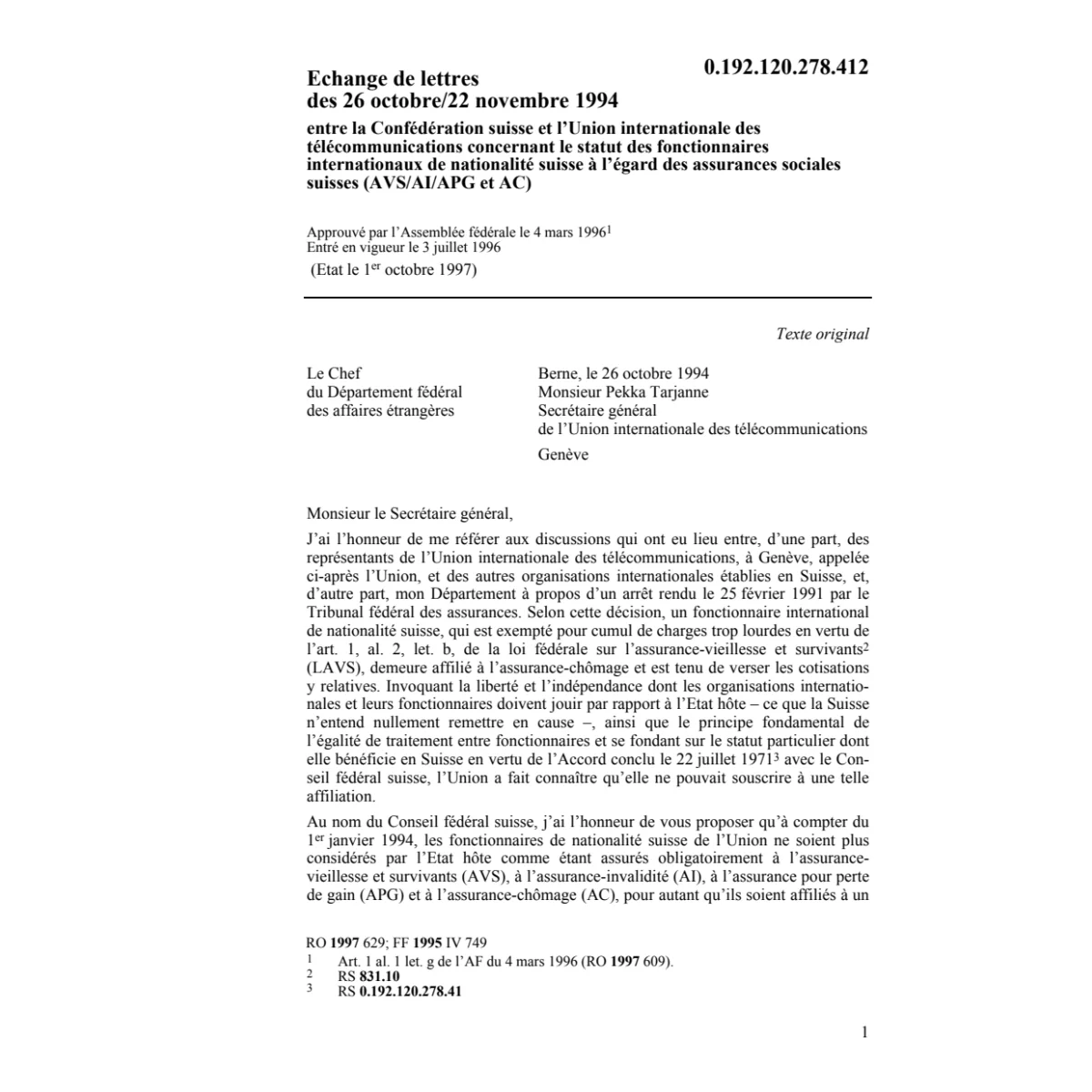 Echange de lettres, Union int. télécom.