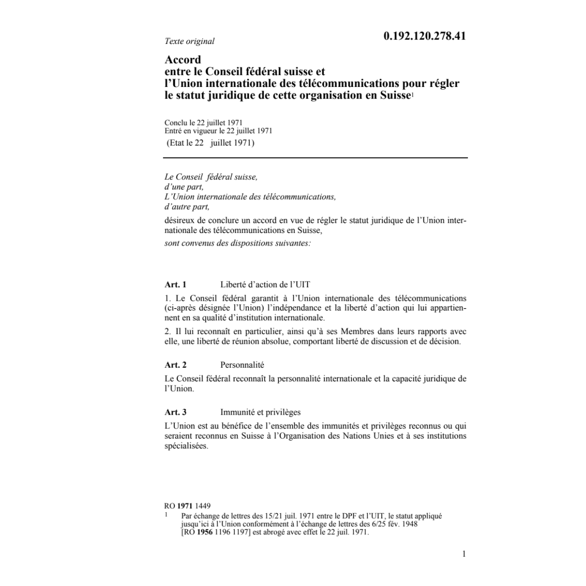 Ac.Cons.féd.CH-l'Union int.télécommunic.