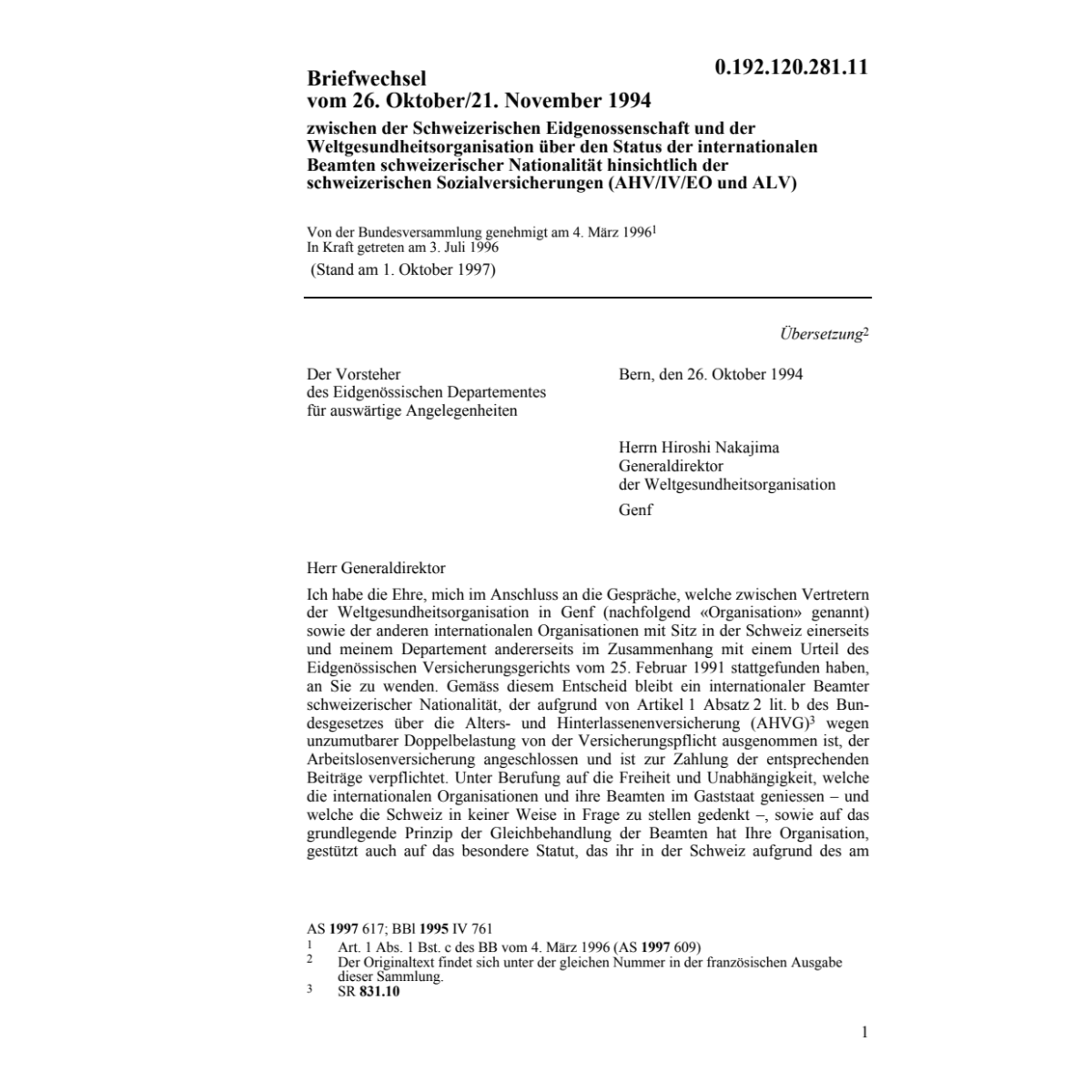 Briefwechsel Weltgesundheitsorganisation