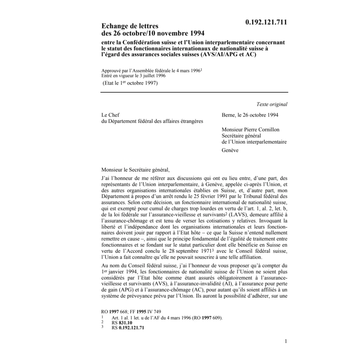 Echange de lettres, Union interparlement