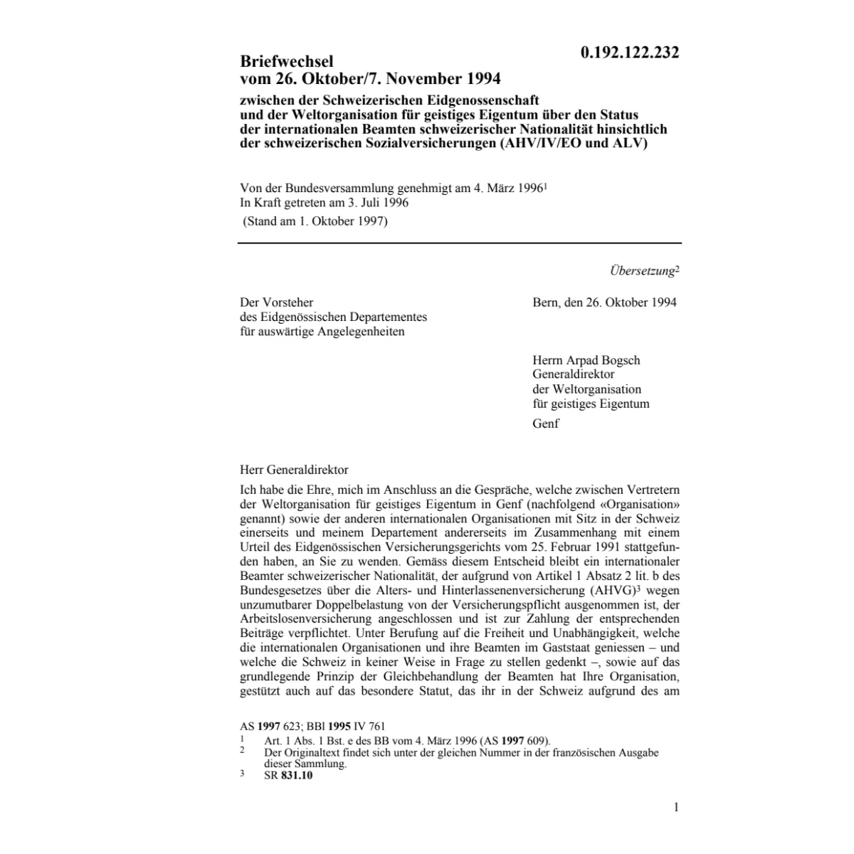 Briefwechsel, internationale Beamte, AHV