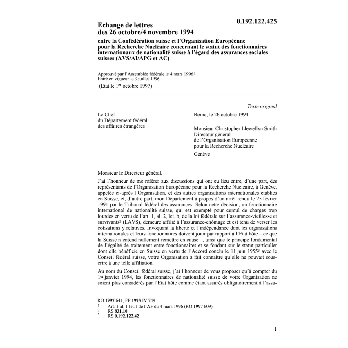 Echange de lettres, AVS/AI/APG et AC