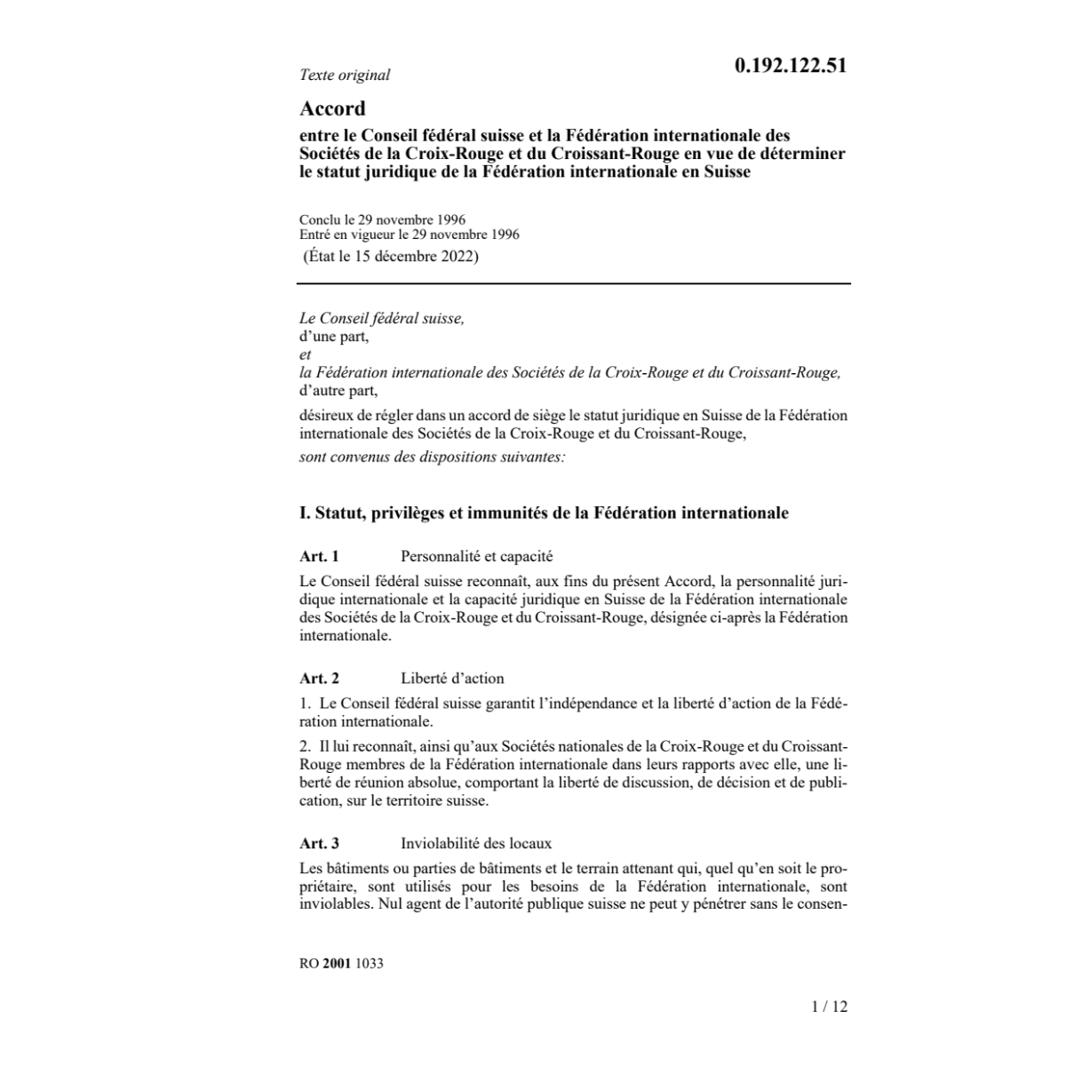 Ac.Féd. int. Croix-Rouge statut juridiqu