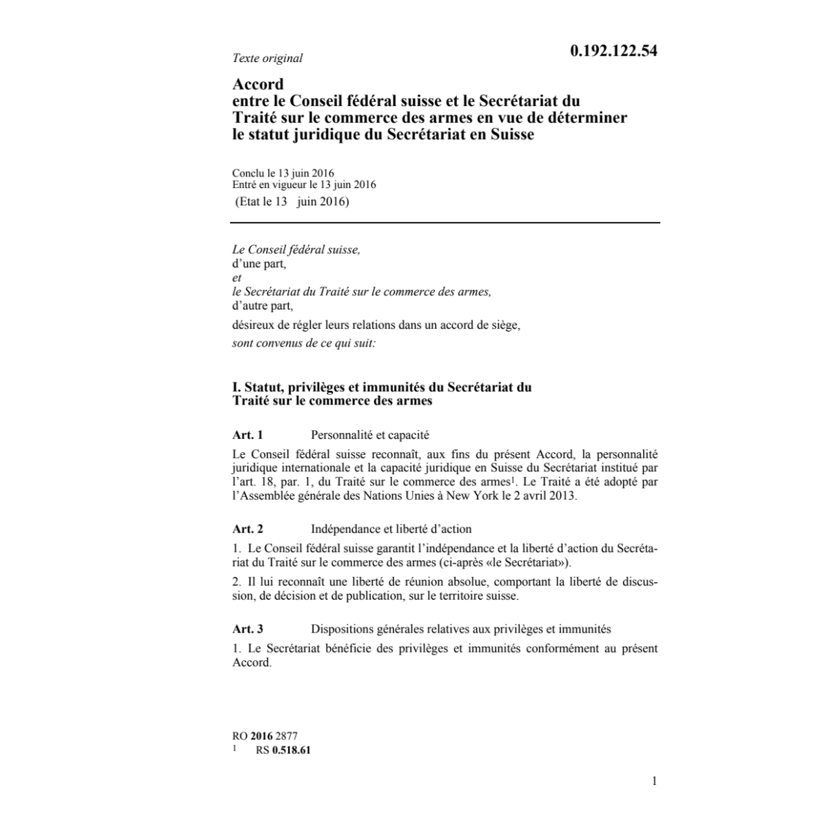 Ac. CF et Secr. du Traité commerce armes