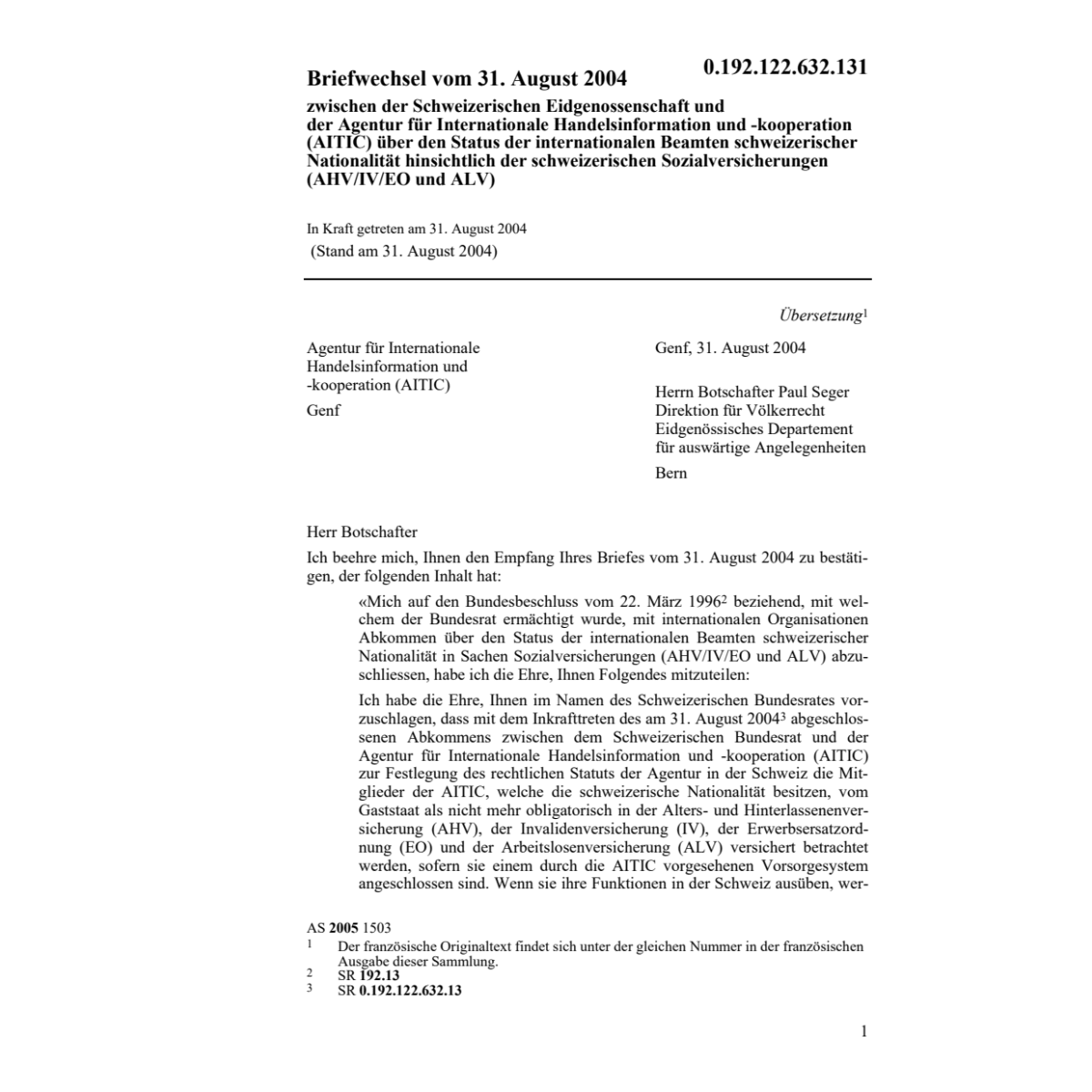 Briefwechsel AITIC Status Beamtenschweiz