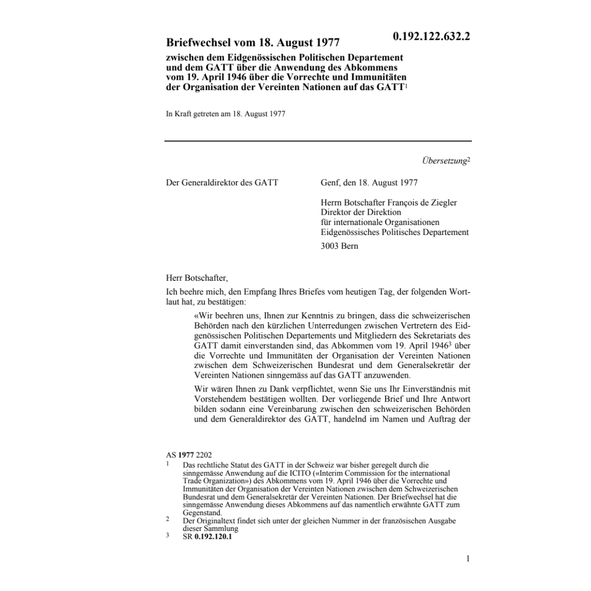 Briefwechsel Polit.Dep.und GATT/Vorrecht