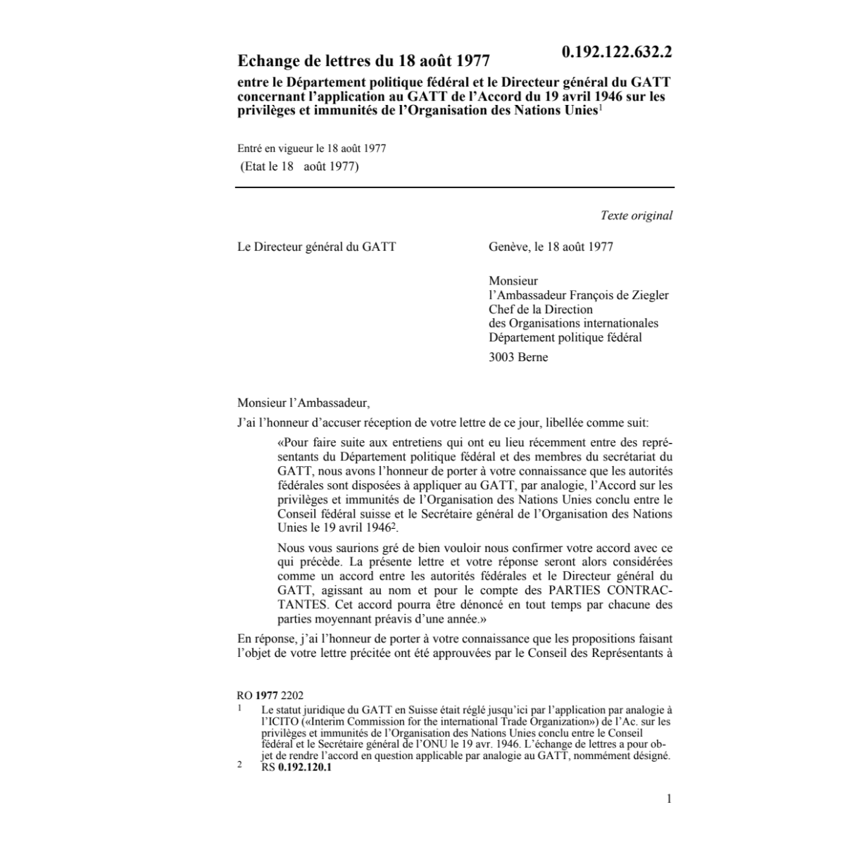 Ech.lettres Dépt.polit. GATT/privilèges