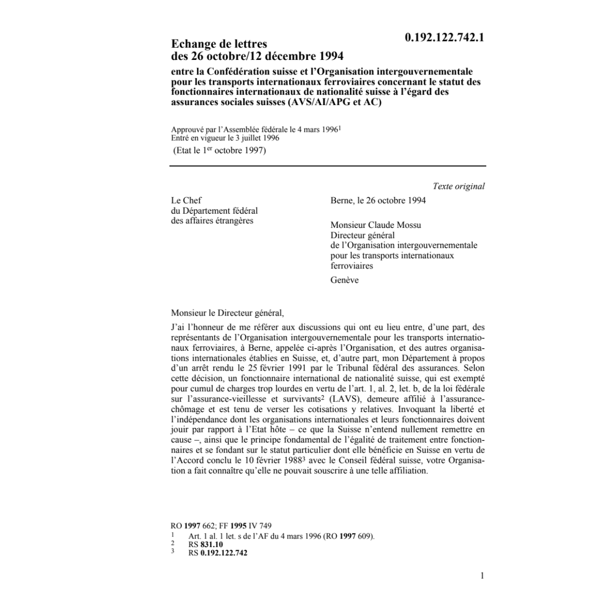 Echange de lettres Org. transports ferr.