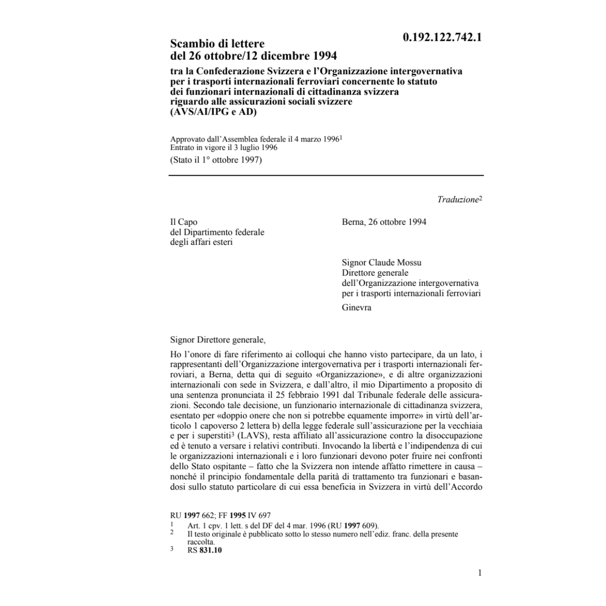 Scambio di lettere Org.trasporti ferrov.