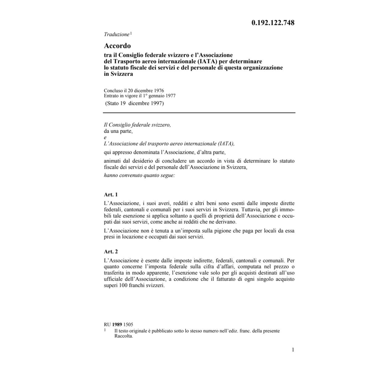Acc. CH-l'Assoc.transp.aereo int. (IATA)