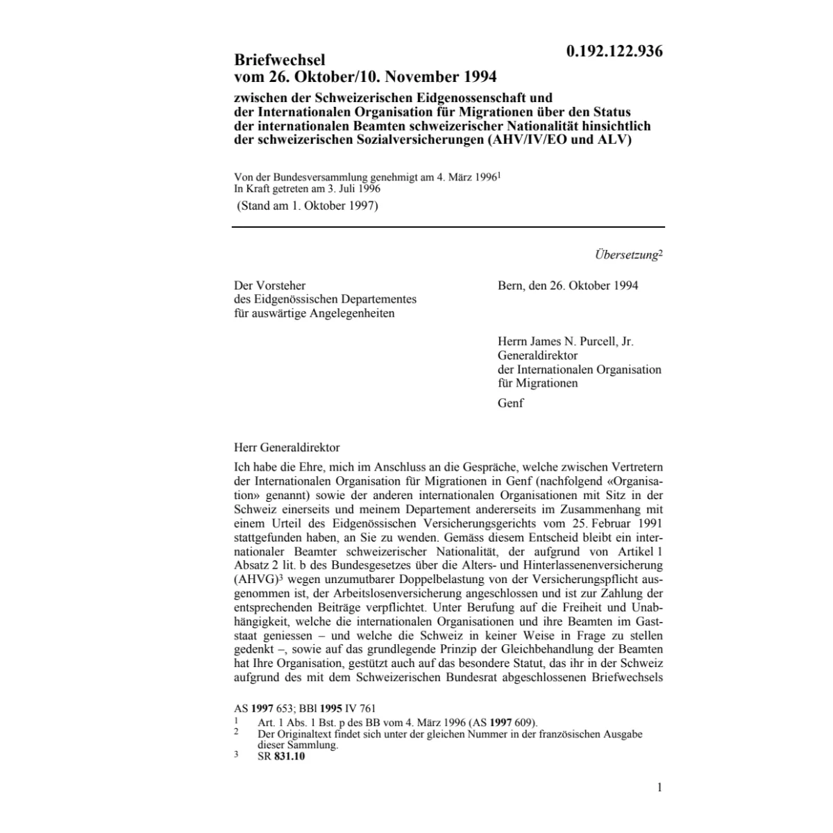 Briefwechsel CH-Int. Org. für Migration