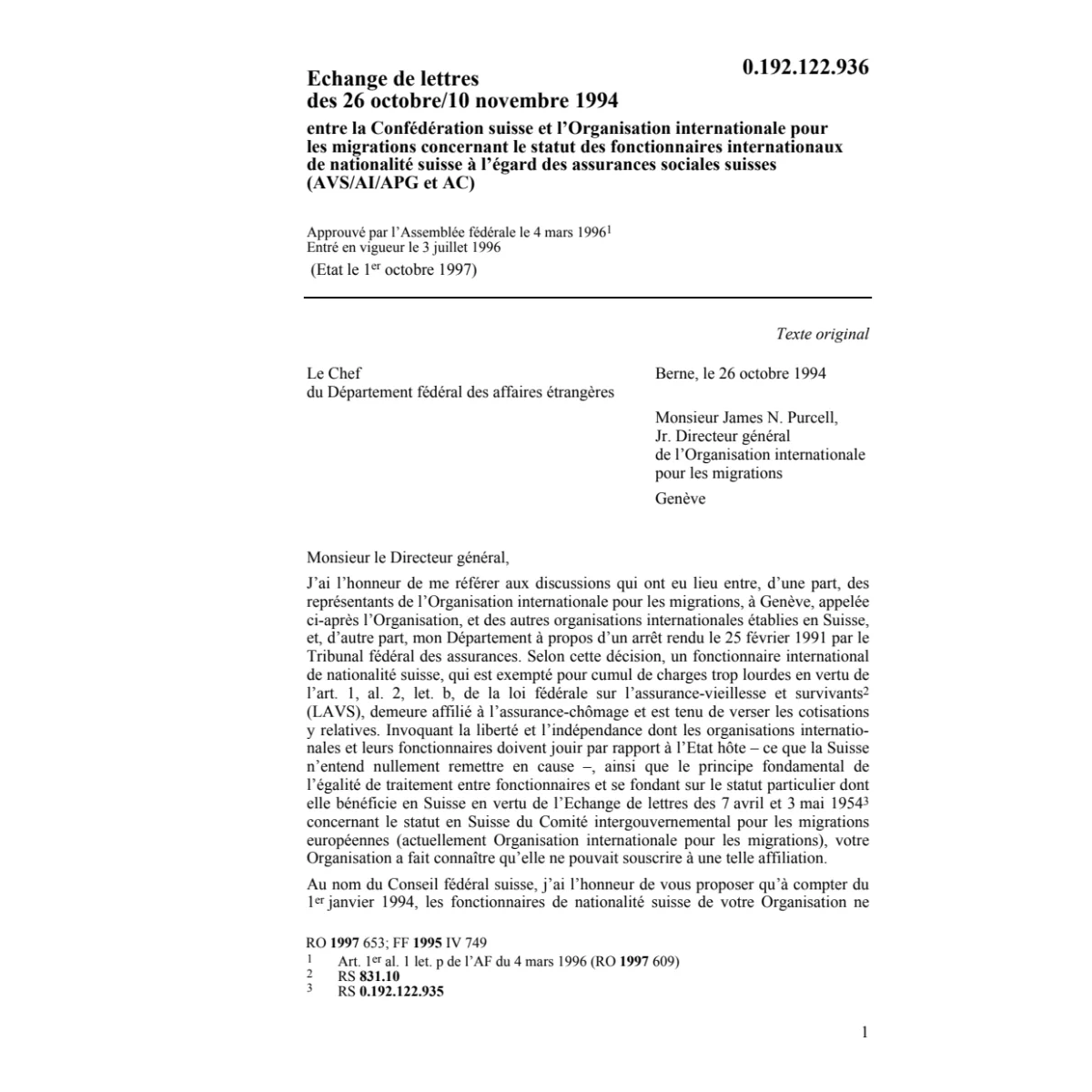 Echange de lettres CH-Org. p. migrations