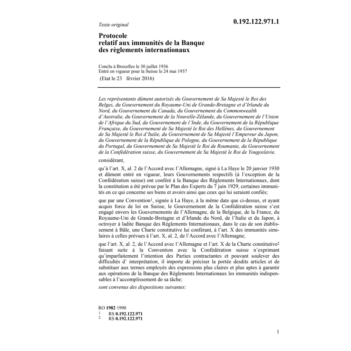 Prot.relatif aux immmunités de la Banque