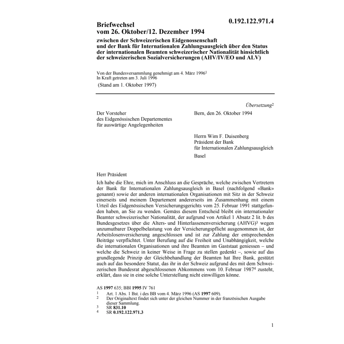 Briefwechsel CH-Bank Zahlungsausgleich