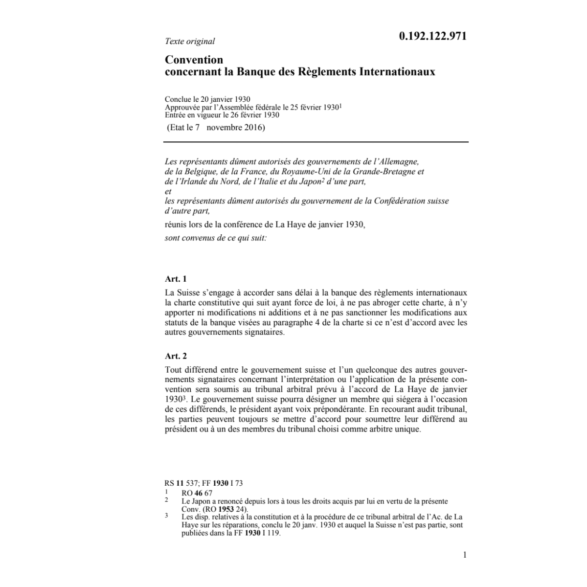 Conv.concernant Banque règlements int.