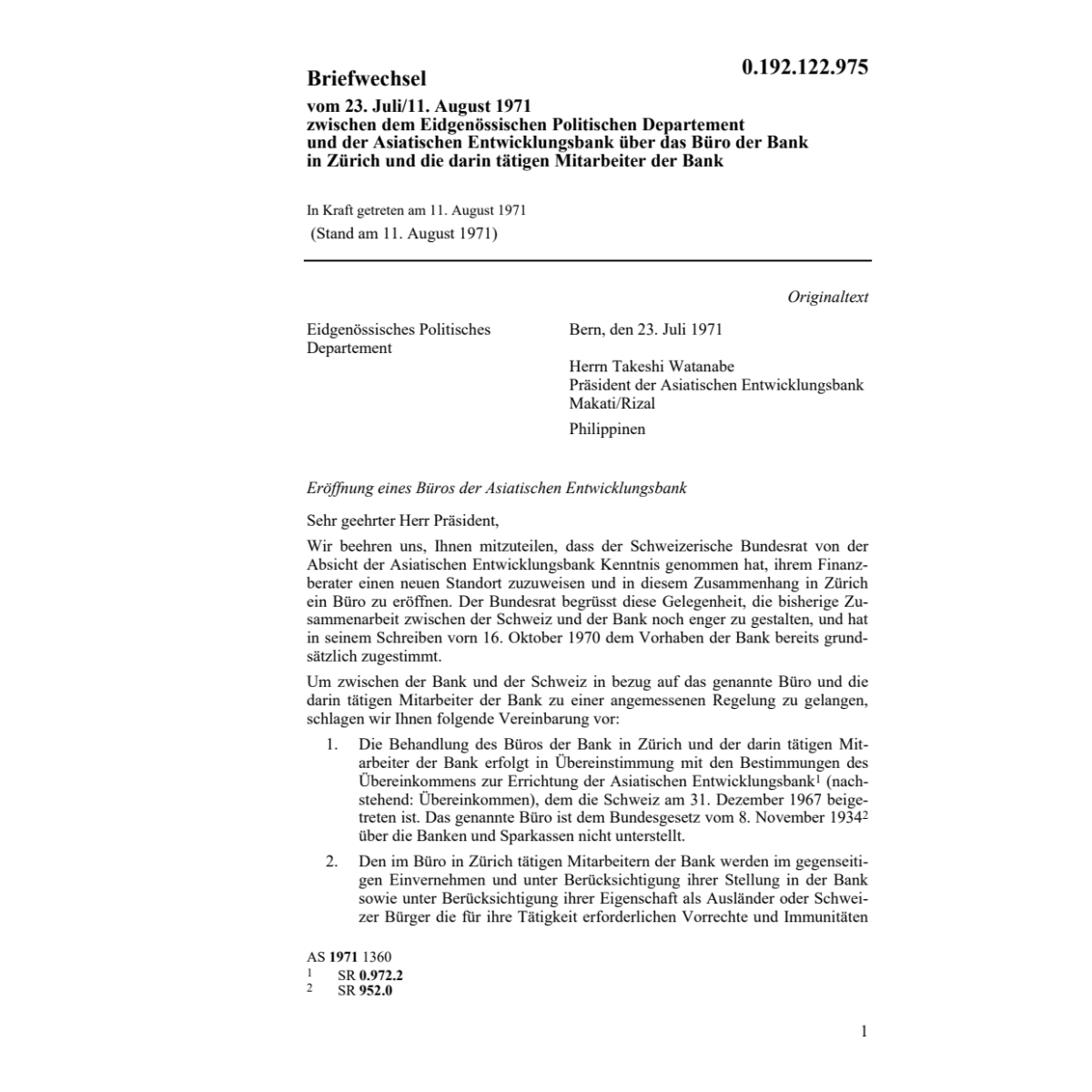 Briefwechsel EPD/Asiat.Entwicklungsbank