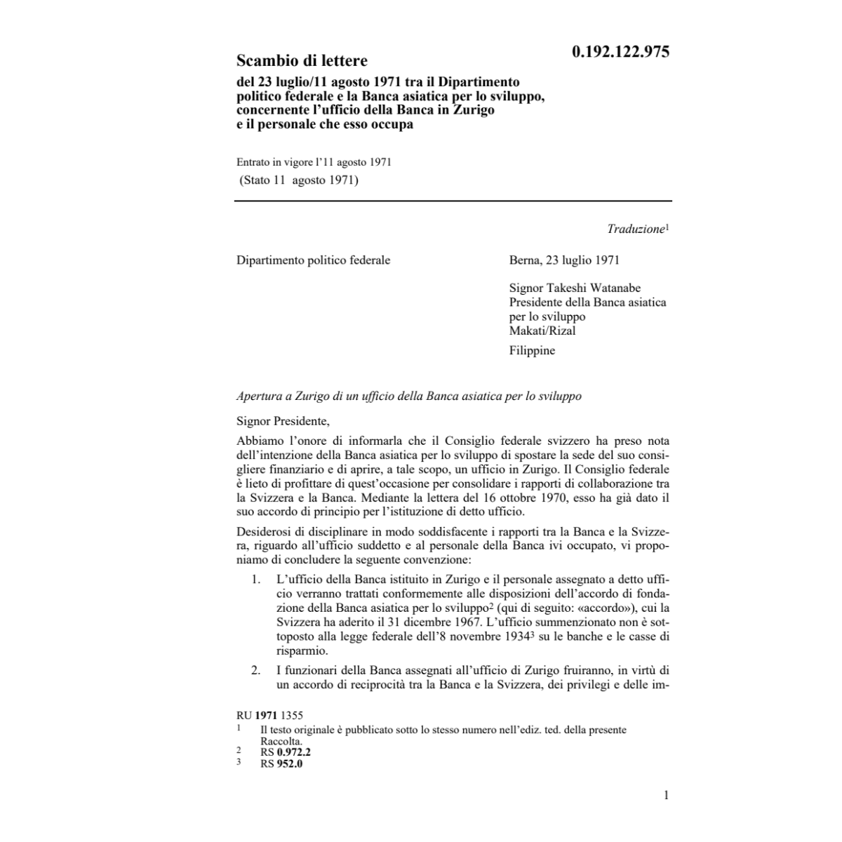 Scambio lett.DPF/Banca asiatica sviluppo