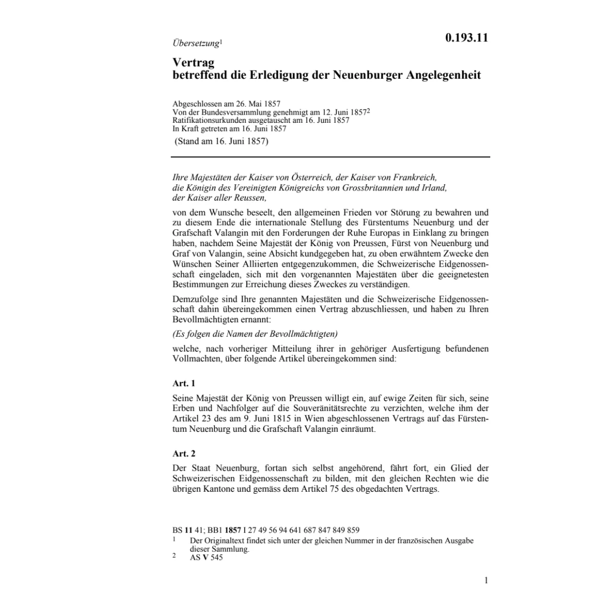 Vertrag betr.Erled.Neuenburger Angelegen