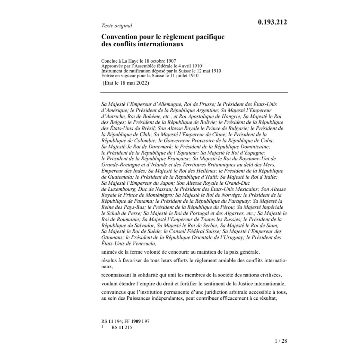 Conv. règlement pacifique conflits int.