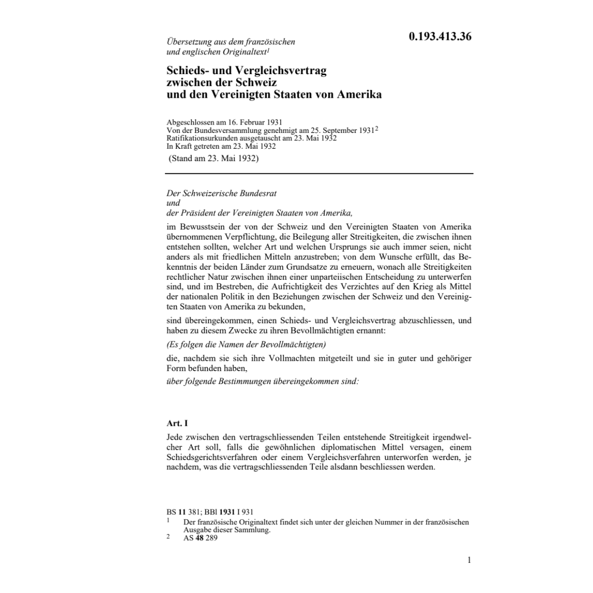 Schieds-Vergleichsvertrag CH-Amerika