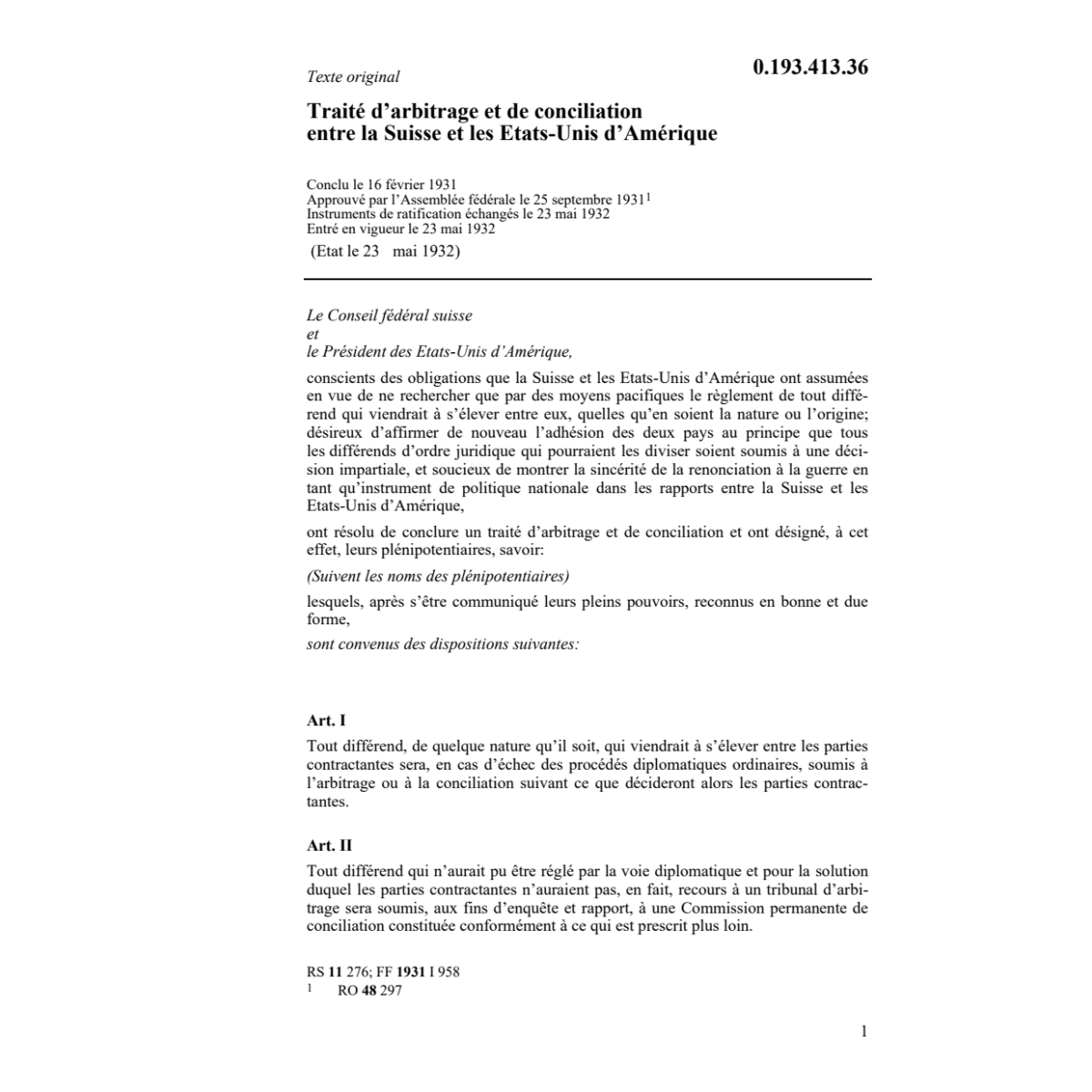 Traité d'arbitrage conciliat.CH-Amerika