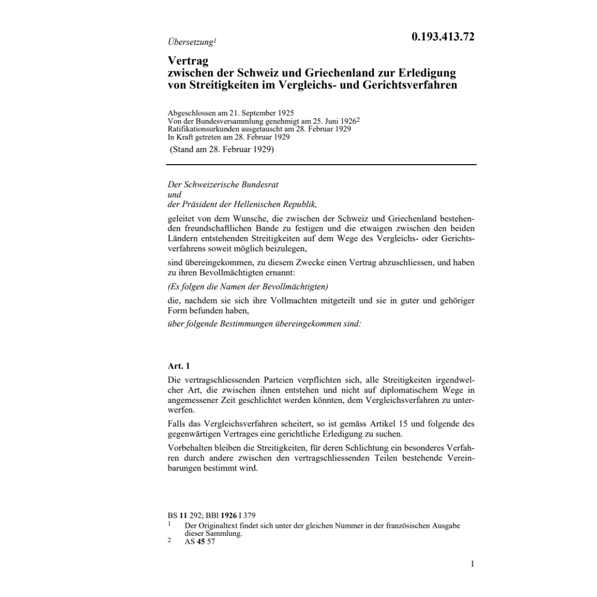 Vertrag CH-Griechenland Vergleichsverf.