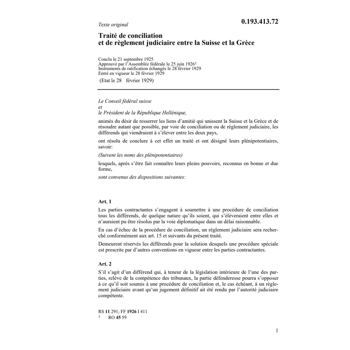 Traité conciliation règlement CH-Grèce