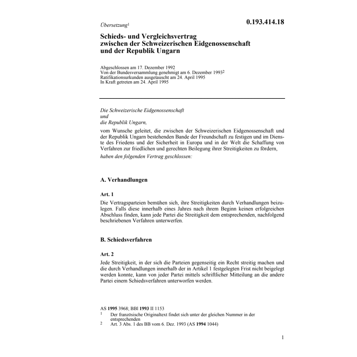 Schieds-und Vergleichsvertrag CH-Ungarn