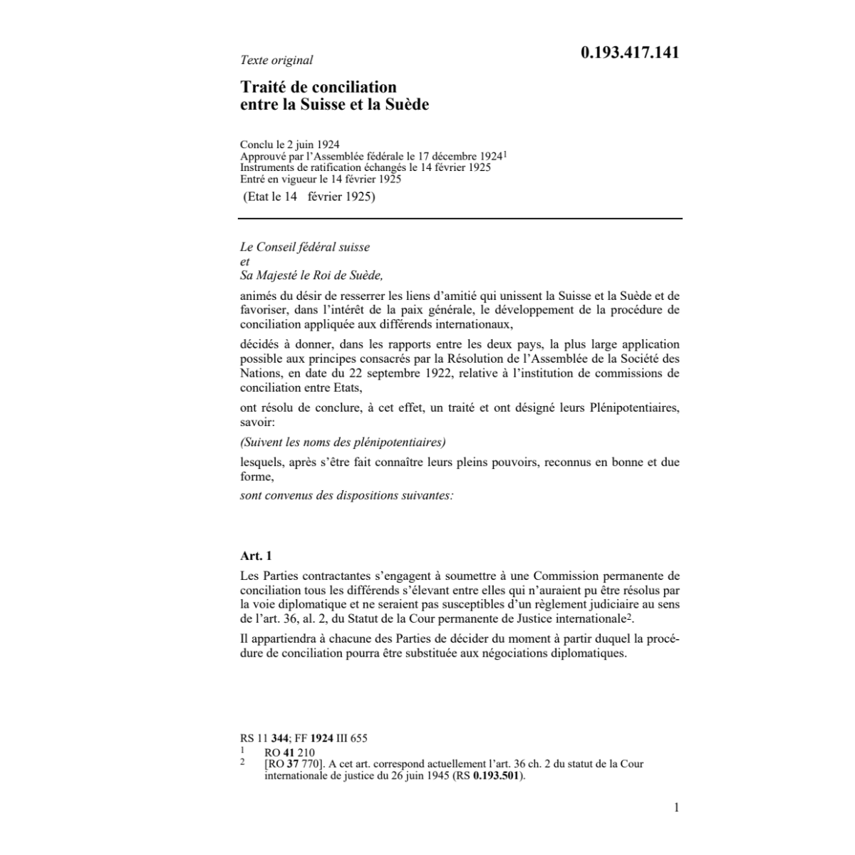 Tr. de conciliation CH-Suède