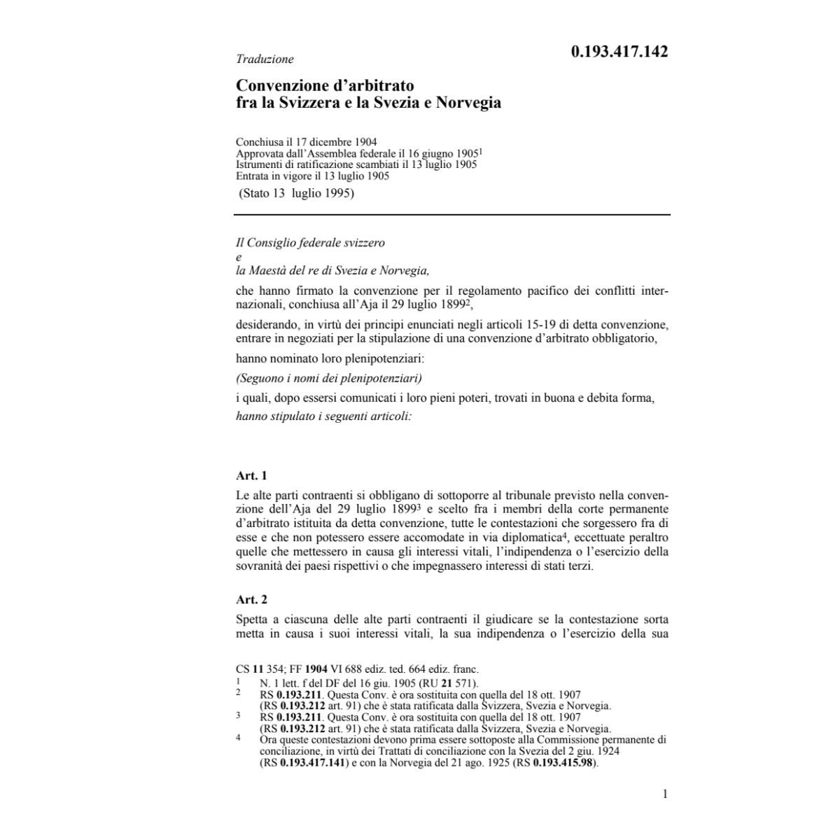 Conv. d'arbitrato CH-Svezia-Norvegia