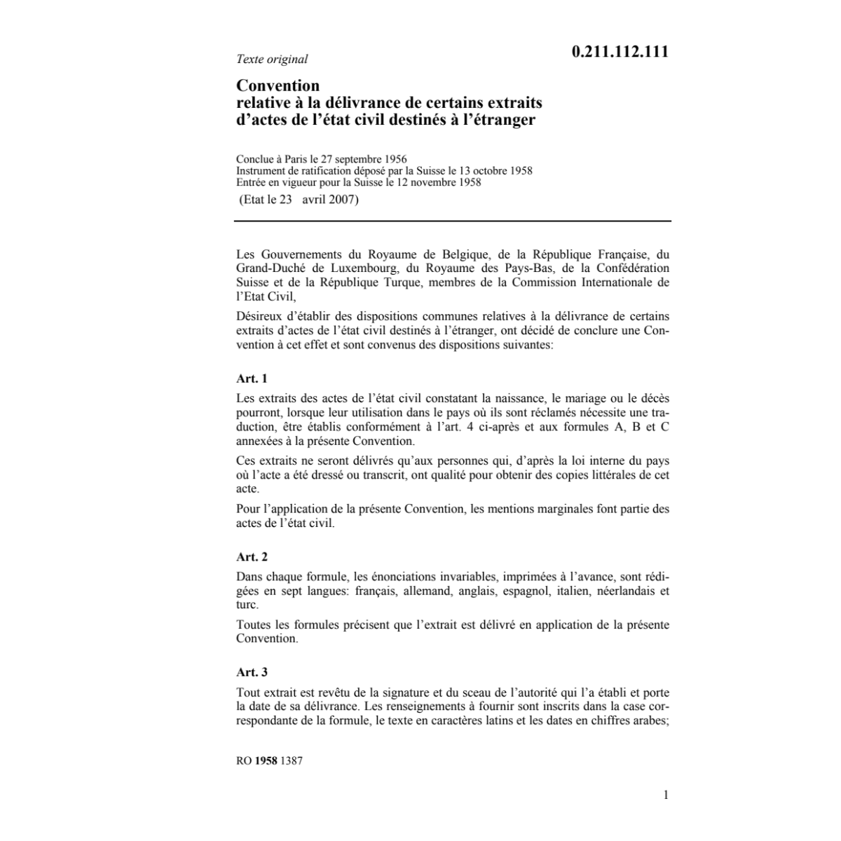 Conv. extraits d'actes de l'état civil