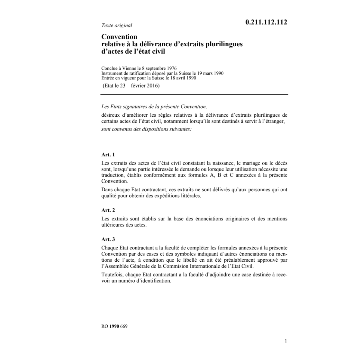 Conv. extraits d'actes de l'état civil