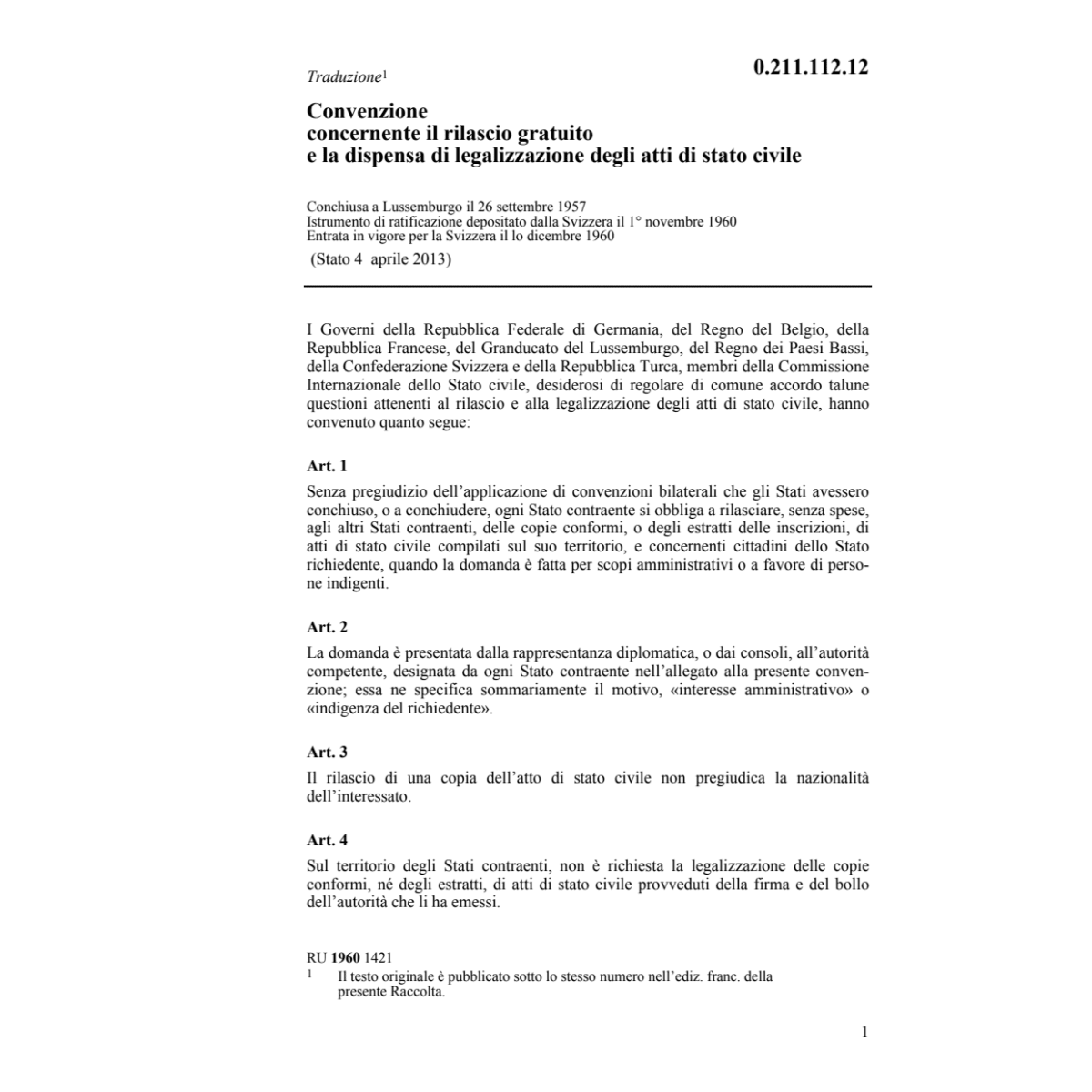 Conv rilascio degli atti di stato civile